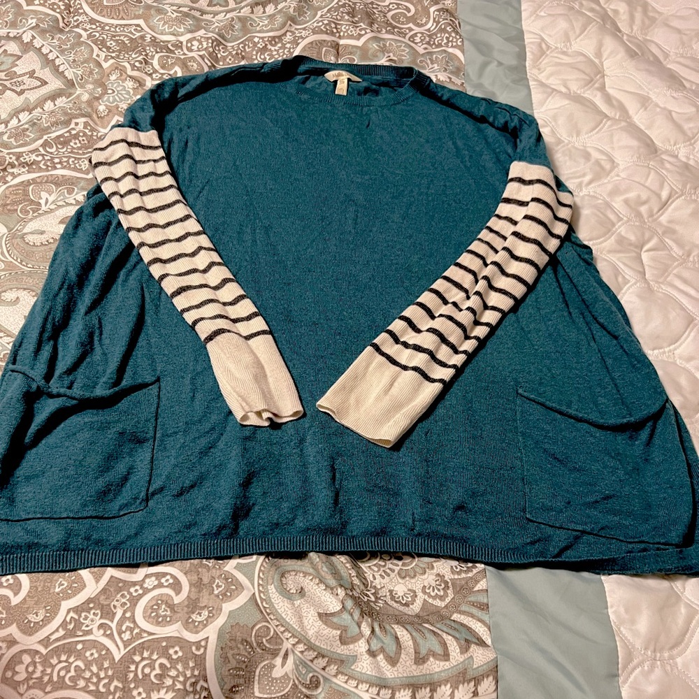 Matilda Jane Women Corie Pullover Sweater Tunic Teal Striped Sleeves Sz XXL